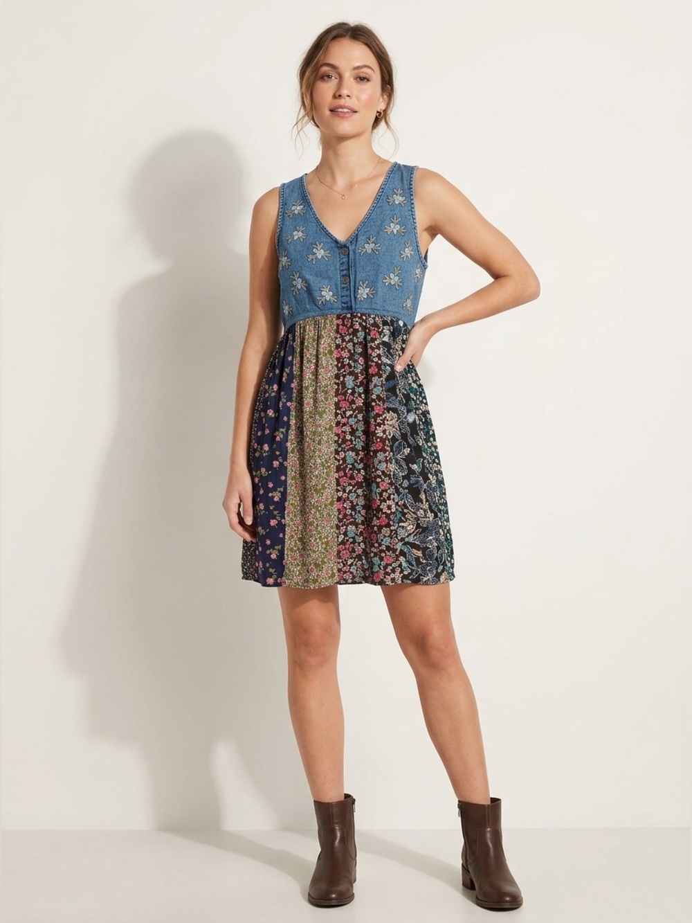 Sleeveless Patchwork Floral Denim-Top Dress in Blue